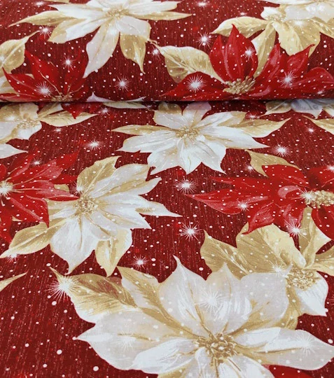 Vánoční dekorační látka – Vánoční hvězda (Poinsettia) na červené