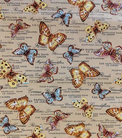 Bavlněná látka motýlci na béžové