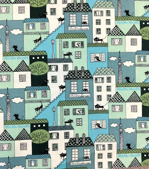 Bavlněná látka domky tyrkysové