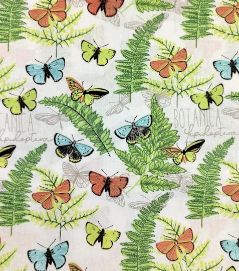 Bavlněná látka kapradí s motýlky