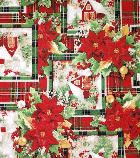 Vánoční dekorační látka patchwork kostka domky