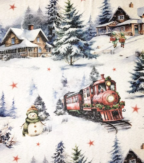 Vánoční dekorační látka krajina s vlakem s Lurexem