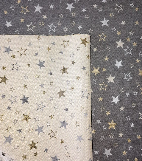 Žakárová vánoční látka hvězdy šedo zlaté s Lurexem