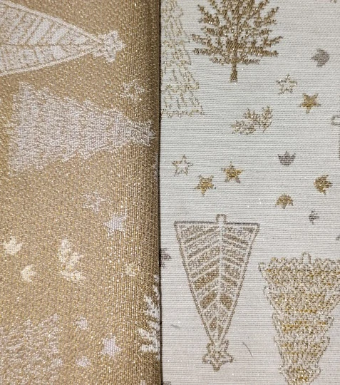 Žakárová vánoční látka stromečky bílo zlaté s Lurexem