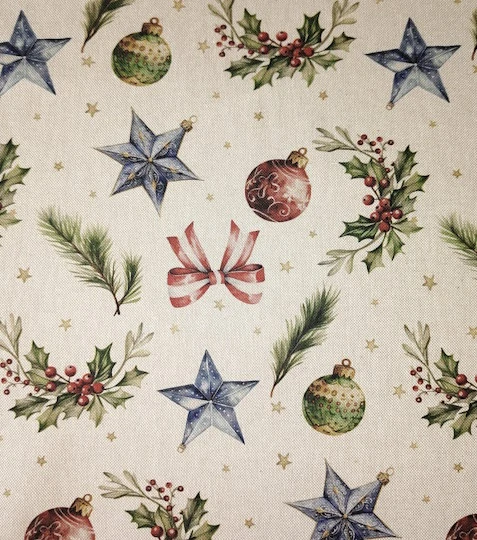 Režná dekorační látka vánoční kouličky a mašle