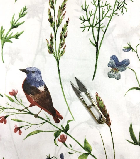 Bavlněná látka luční kvítí s ptáčky
