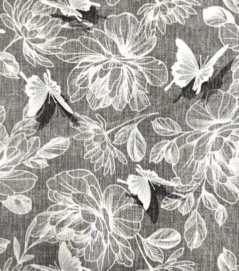 Dekorační látka květy s motýlem na šedé