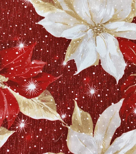 Vánoční dekorační látka – Vánoční hvězda (Poinsettia) na červené