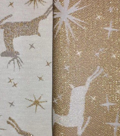 Žakárová vánoční látka jelínci bílo zlatí s Lurexem