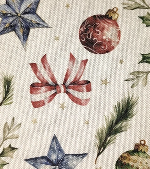 Režná dekorační látka vánoční kouličky a mašle