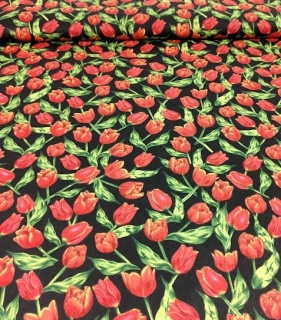 Bavlněná látka tulipány na černé