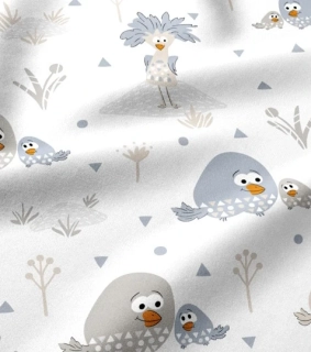 Bavlněná látka ptačí rodinka na bílé