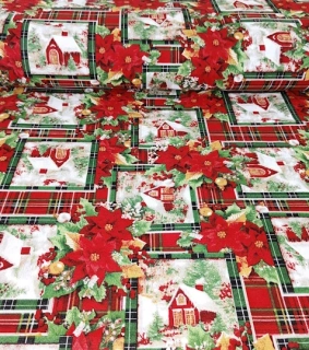 Vánoční dekorační látka patchwork kostka domky